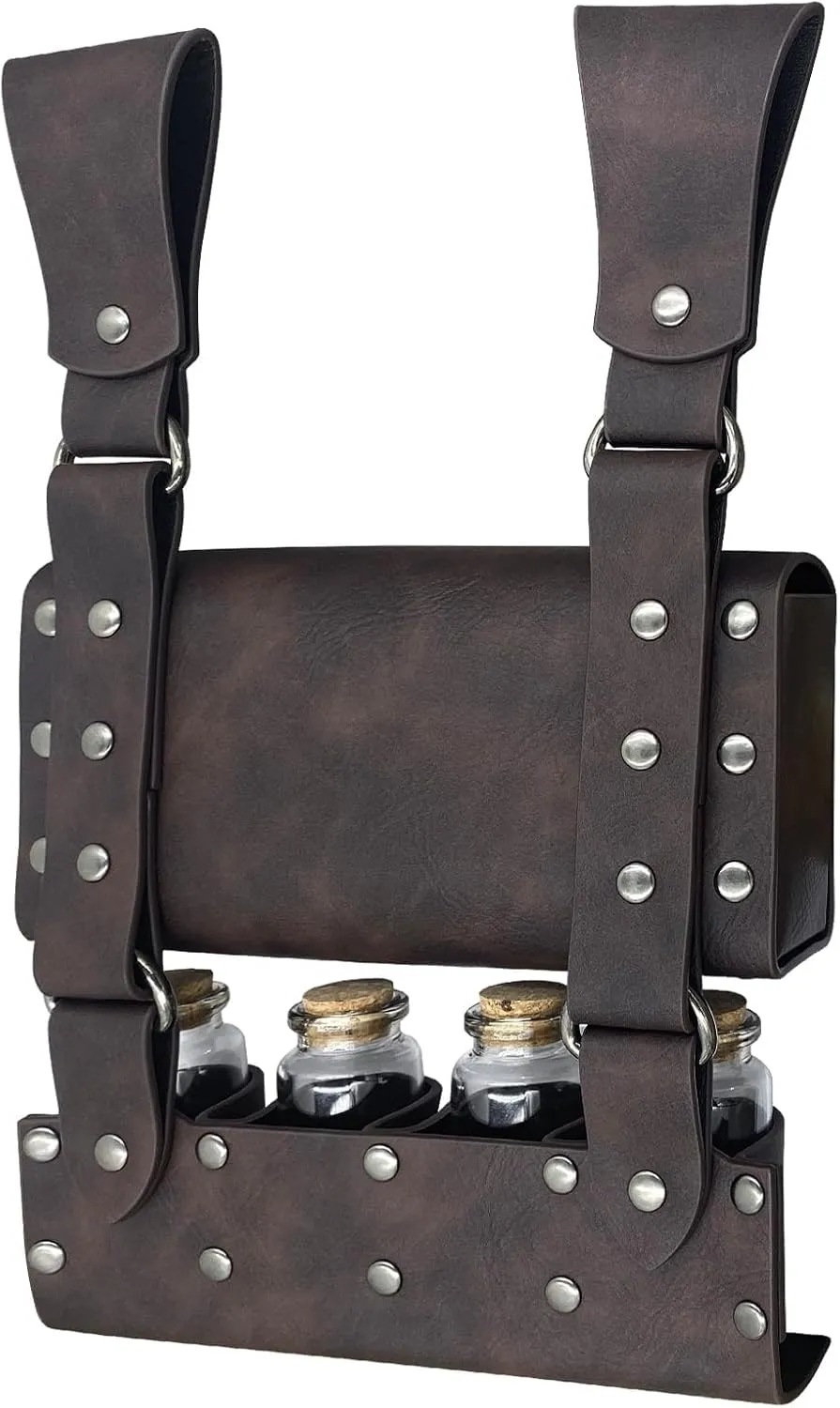 Medieval Alchemy Faux Leather Belt Bag with 4 Cork Potion Vials, Fantasy Wizard Waist Pouch Side Pack for Ren Faire Costumes, Renaissance Accessories Women