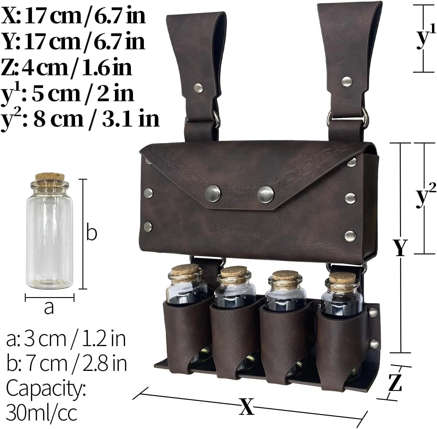 Medieval Alchemy Faux Leather Belt Bag with 4 Cork Potion Vials, Fantasy Wizard Waist Pouch Side Pack for Ren Faire Costumes, Renaissance Accessories Women