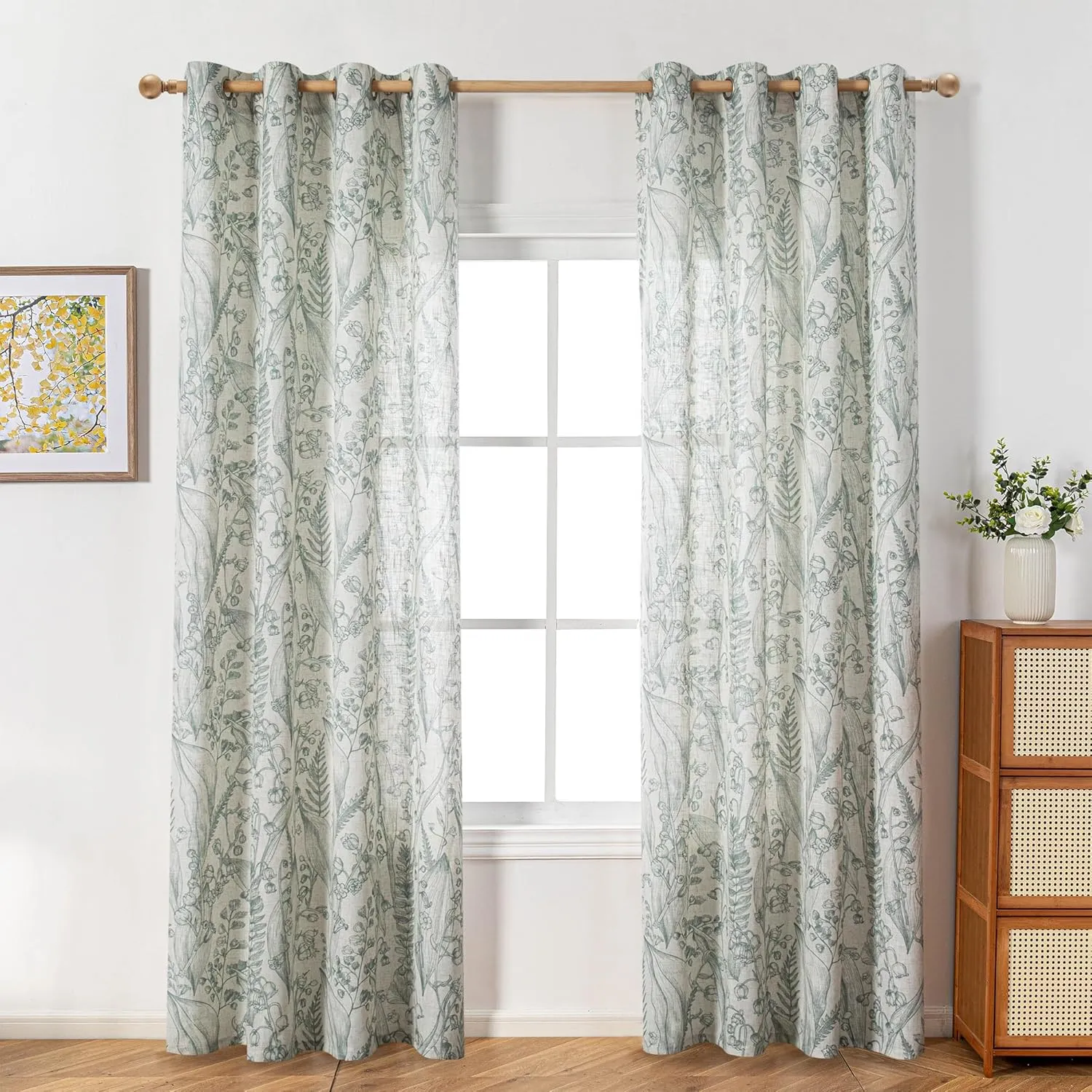 MEETSKY Floral Curtains 84 inch Long - Sage Green Curtains for Living Room Linen Textured Flowers Patterned Print Farmhouse Curtain Light Reducing Grommet Window Treatments, 52" Wide, 2 Panels Set