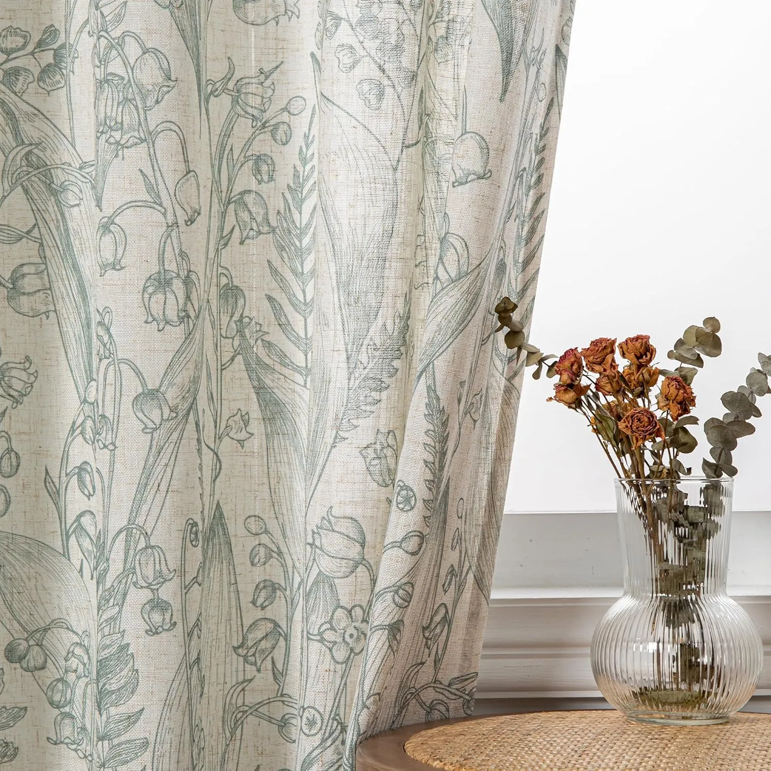 MEETSKY Floral Curtains 84 inch Long - Sage Green Curtains for Living Room Linen Textured Flowers Patterned Print Farmhouse Curtain Light Reducing Grommet Window Treatments, 52" Wide, 2 Panels Set