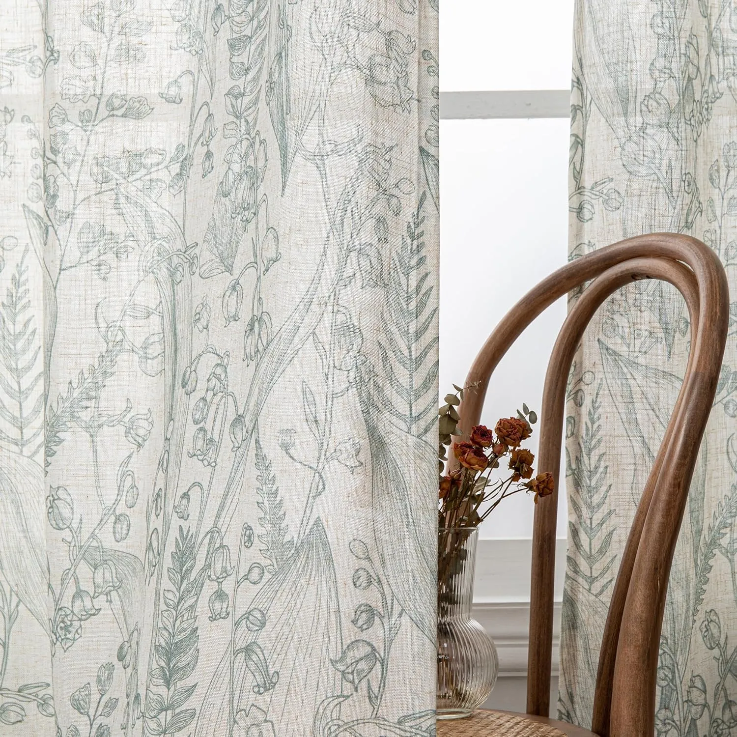 MEETSKY Floral Curtains 84 inch Long - Sage Green Curtains for Living Room Linen Textured Flowers Patterned Print Farmhouse Curtain Light Reducing Grommet Window Treatments, 52" Wide, 2 Panels Set