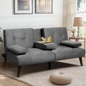 Meilocar Futon Sofa Bed, Convertible Sofa Bed with Removable Armrests, Adjustable Recliner for Small Space, 2 Cup Holders, 3 Angles, Light Grey