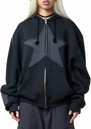 Meiweileya Y2k Oversized Zip Up Hoodie Men Vintage Star Graphic Print Jackets Teens Girl Grunge Aesthetic Streetwear Tops