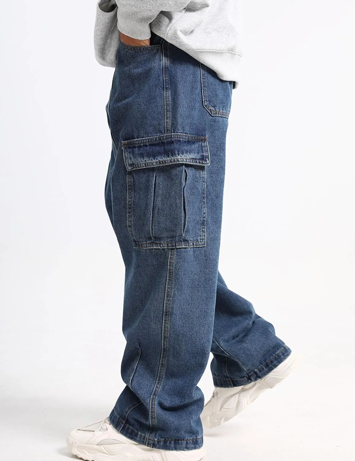 Men Baggy Cargo Jeans Y2k Wide Leg Harajuku Skater Pants Blue Denim Jeans for Men