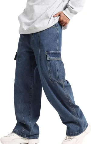Men Baggy Cargo Jeans Y2k Wide Leg Harajuku Skater Pants Blue Denim Jeans for Men
