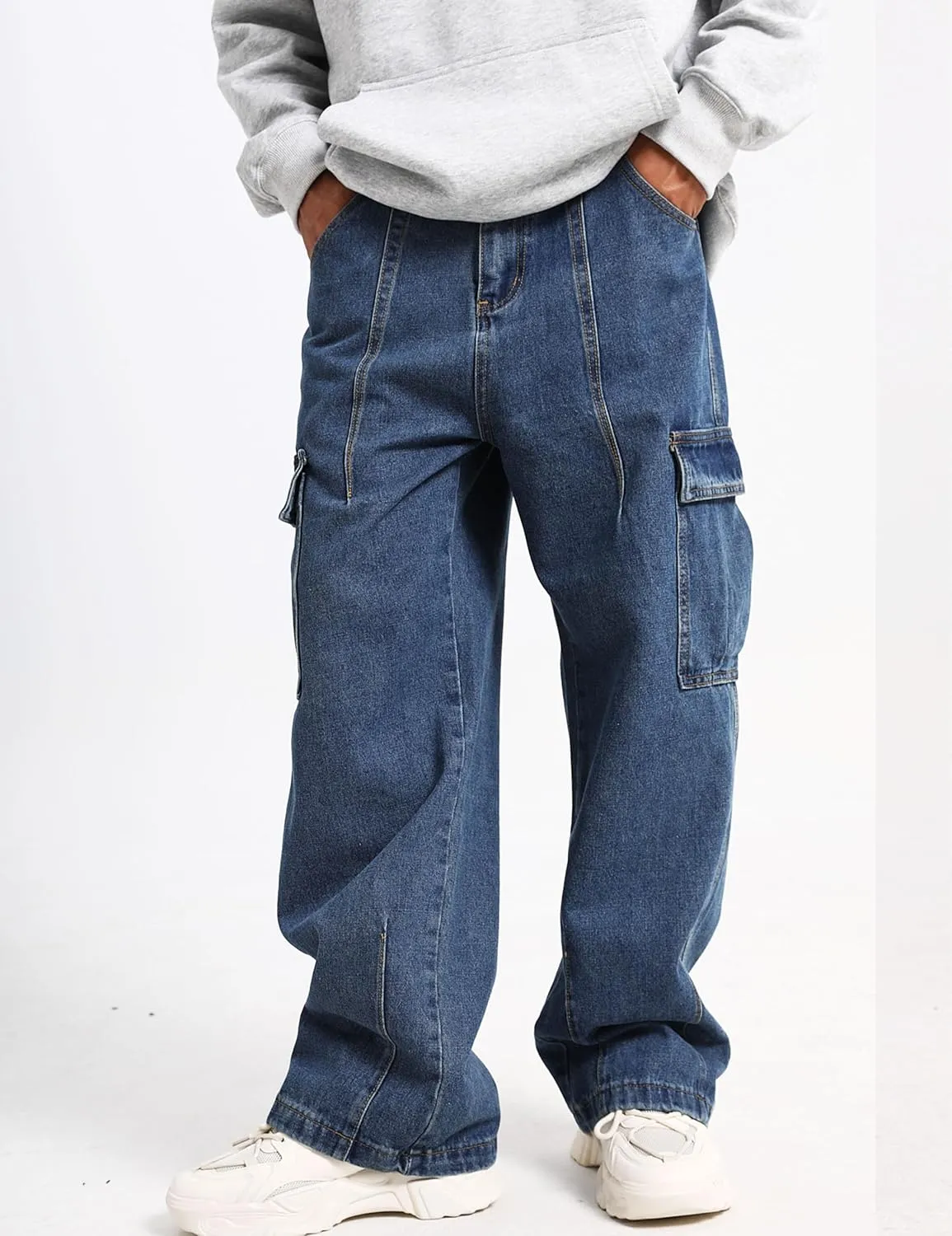 Men Baggy Cargo Jeans Y2k Wide Leg Harajuku Skater Pants Blue Denim Jeans for Men