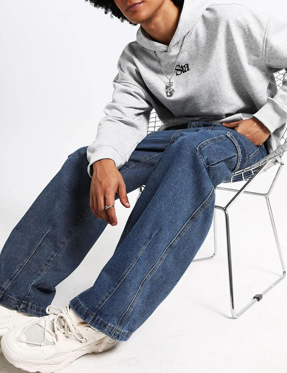 Men Baggy Cargo Jeans Y2k Wide Leg Harajuku Skater Pants Blue Denim Jeans for Men