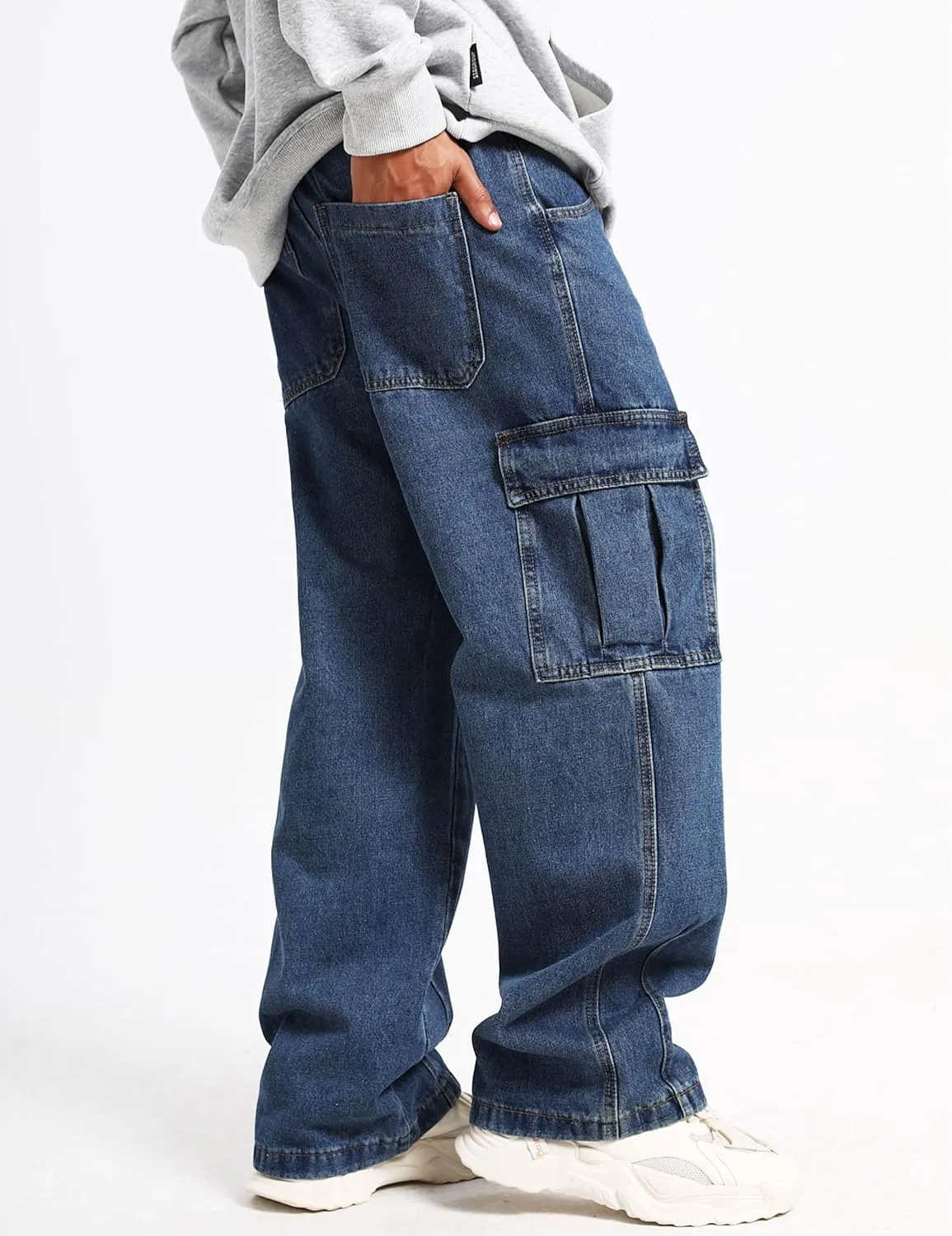 Men Baggy Cargo Jeans Y2k Wide Leg Harajuku Skater Pants Blue Denim Jeans for Men