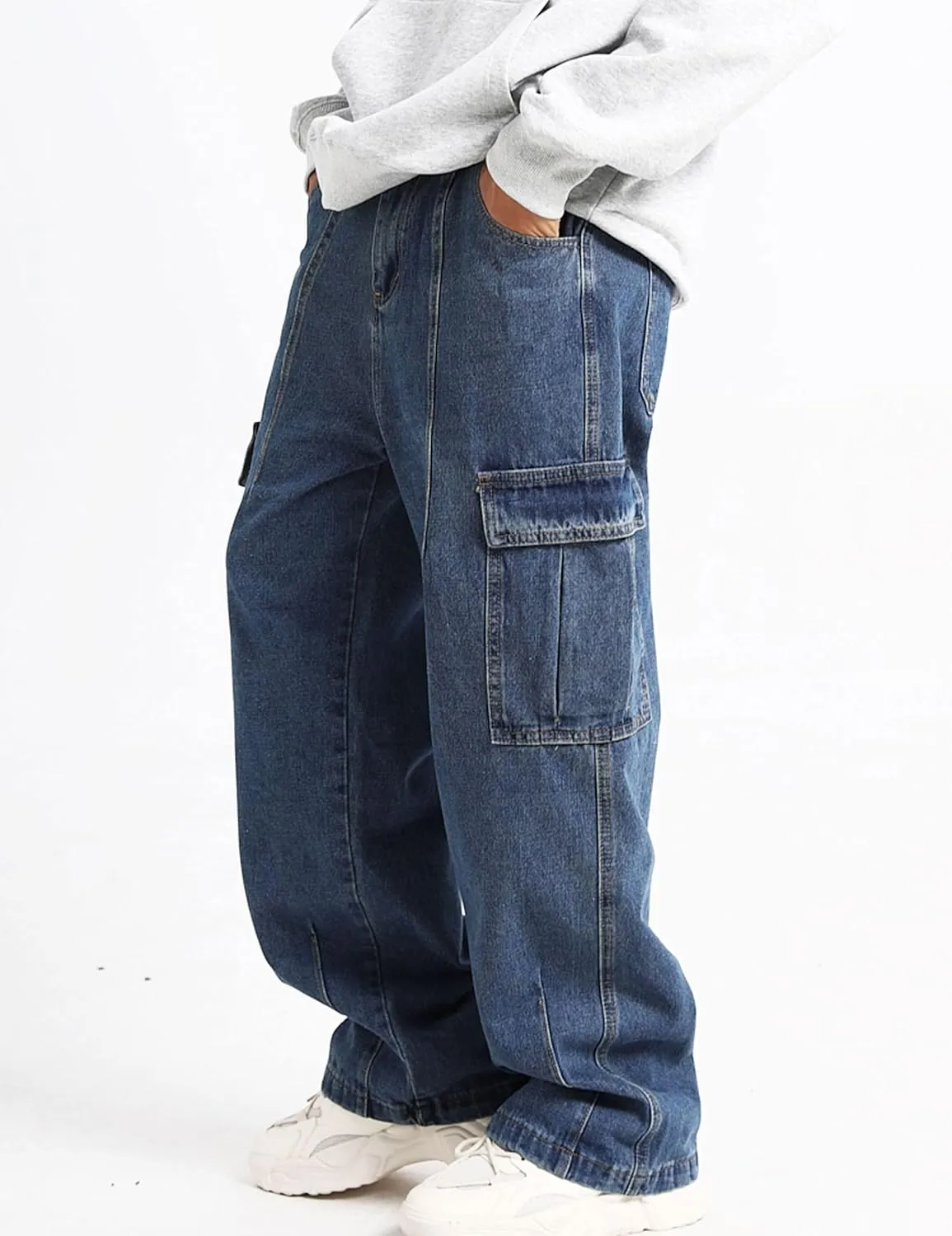 Men Baggy Cargo Jeans Y2k Wide Leg Harajuku Skater Pants Blue Denim Jeans for Men