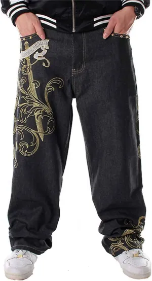 Men Baggy Jeans Y2k Loose Embroidery Jeans Wide Leg Skateboard Denim Pants Hip Hop Dance Pants