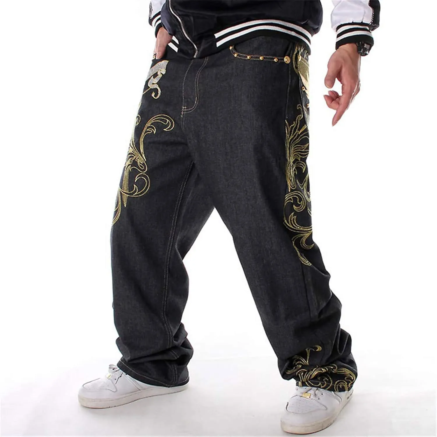 Men Baggy Jeans Y2k Loose Embroidery Jeans Wide Leg Skateboard Denim Pants Hip Hop Dance Pants