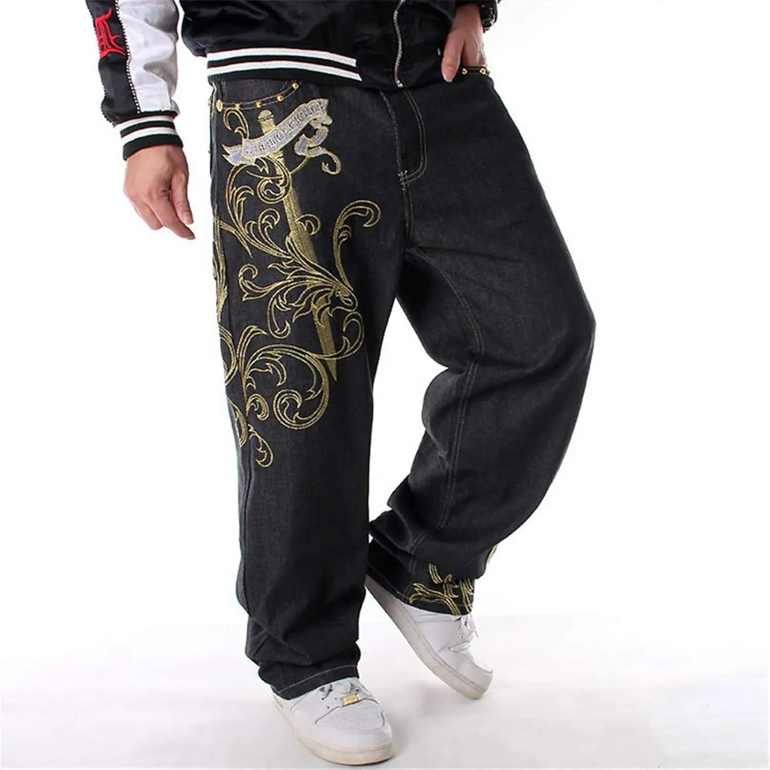 Men Baggy Jeans Y2k Loose Embroidery Jeans Wide Leg Skateboard Denim Pants Hip Hop Dance Pants