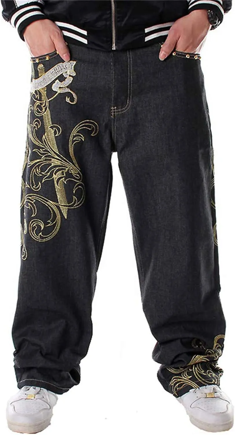 Men Baggy Jeans Y2k Loose Embroidery Jeans Wide Leg Skateboard Denim Pants Hip Hop Dance Pants