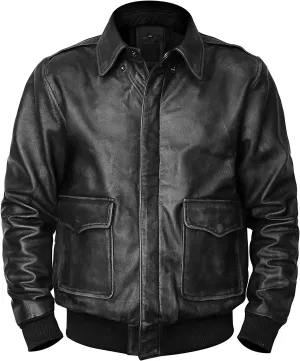 Mens A2 Aviator Jacket, Distressed Black Genuine Leather Jacket Men, WW2 Pilot Flight Air Force Flying Bomber Outerwear, Large