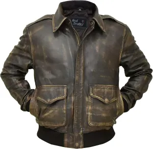 Mens A2 Aviator Jacket, Vintage Retro Distressed Brown Leather Jacket Men, WW2 Pilot Flight Air Force Flying Bomber Outerwear, XX-Large