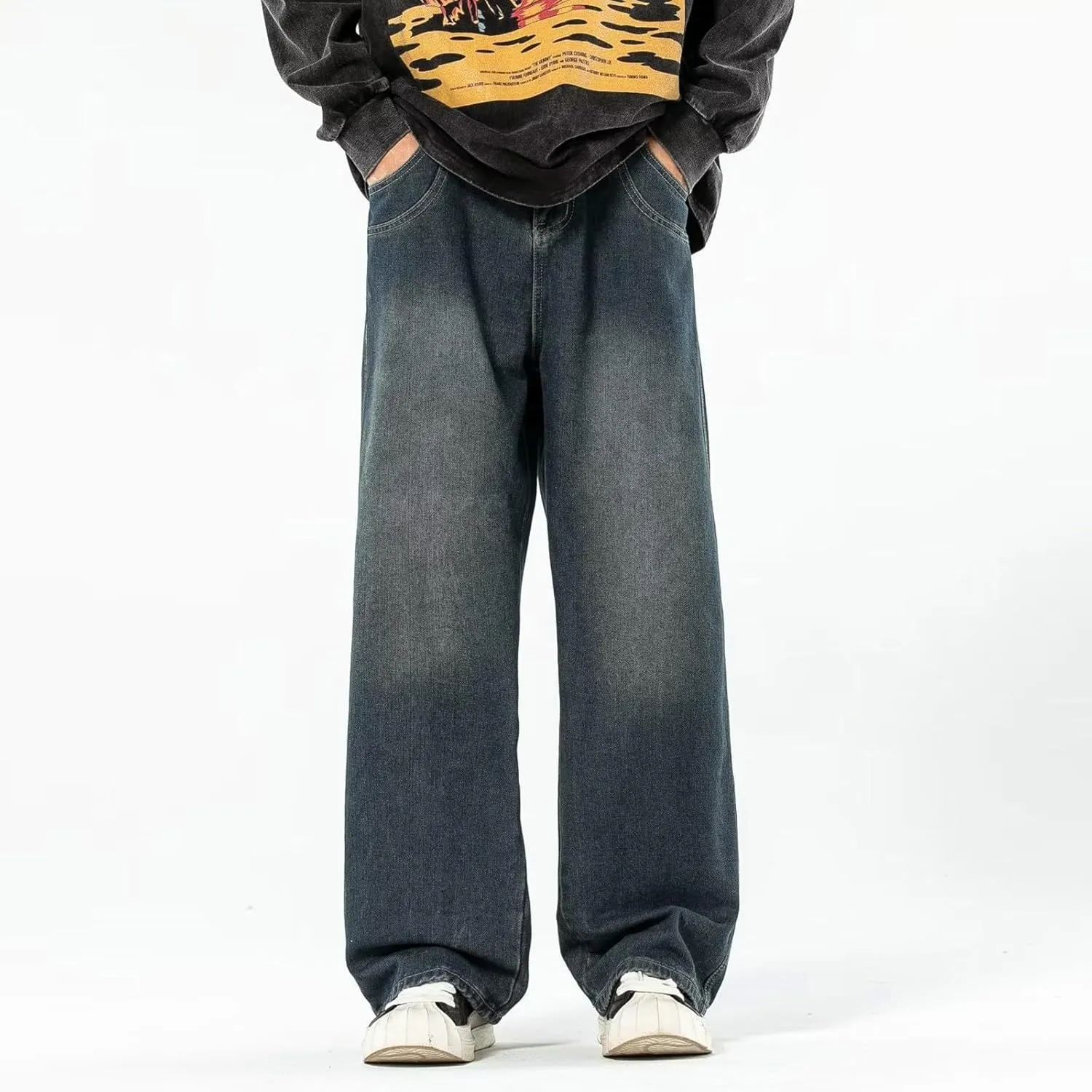 Men's Baggy Hip Hop Jeans Wide Leg Skater Denim Pants Casual Loose Fit Long Trousers Streetwear