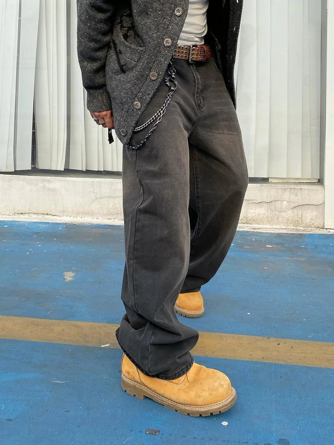 Men's Baggy Hip Hop Jeans Wide Leg Skater Denim Pants Casual Loose Fit Long Trousers Streetwear