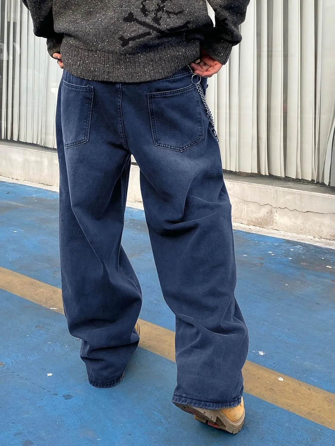 Men's Baggy Hip Hop Jeans Wide Leg Skater Denim Pants Casual Loose Fit Long Trousers Streetwear