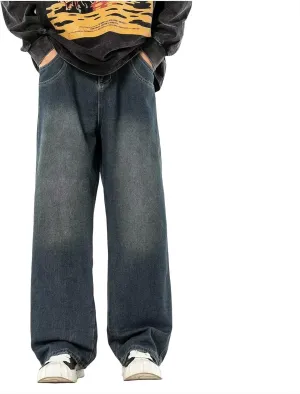 Men's Baggy Hip Hop Jeans Wide Leg Skater Denim Pants Casual Loose Fit Long Trousers Streetwear