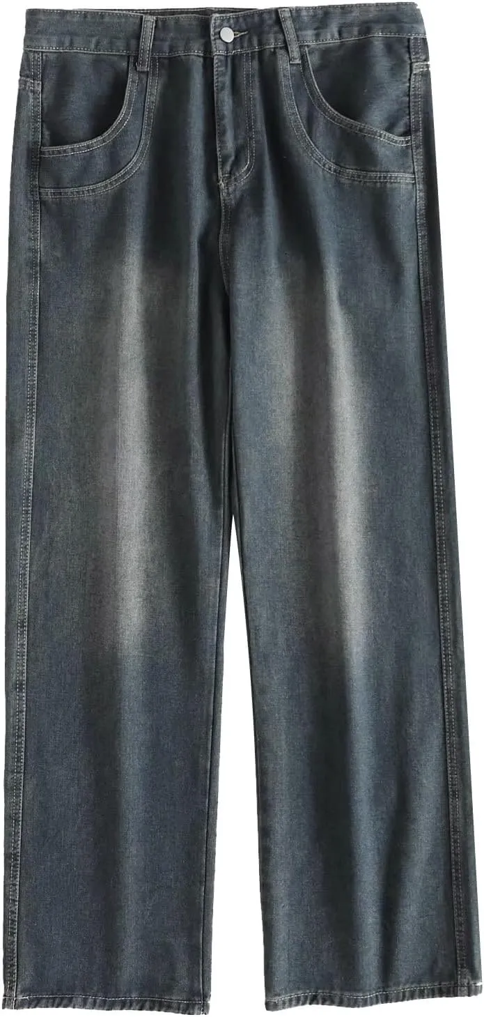 Men's Baggy Hip Hop Jeans Wide Leg Skater Denim Pants Casual Loose Fit Long Trousers Streetwear