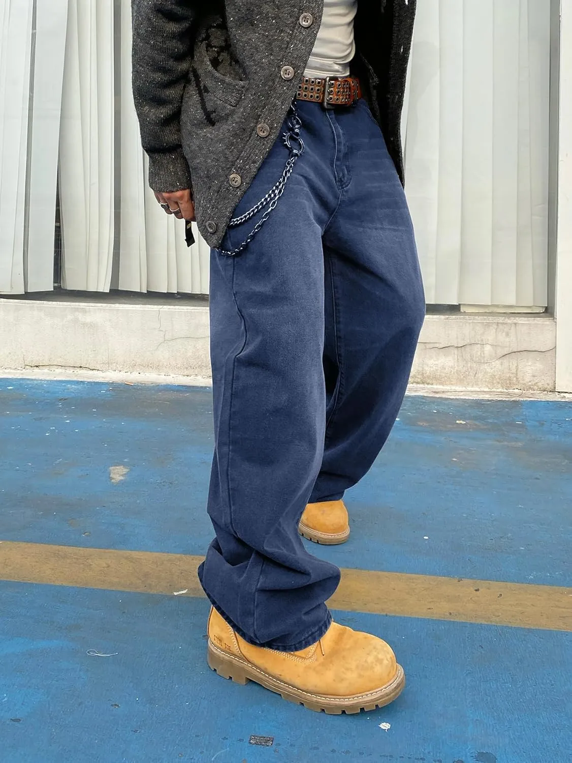 Men's Baggy Hip Hop Jeans Wide Leg Skater Denim Pants Casual Loose Fit Long Trousers Streetwear