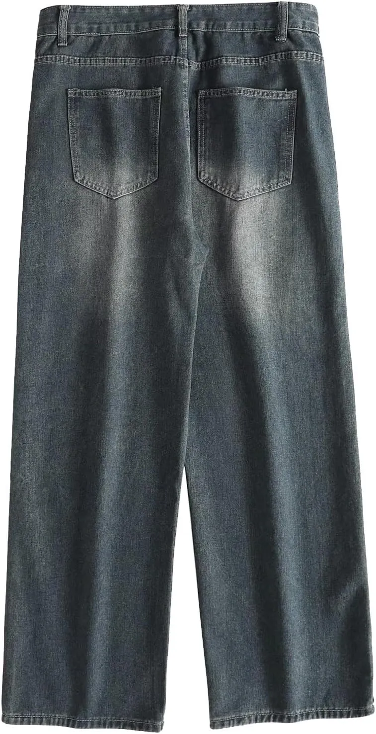 Men's Baggy Hip Hop Jeans Wide Leg Skater Denim Pants Casual Loose Fit Long Trousers Streetwear