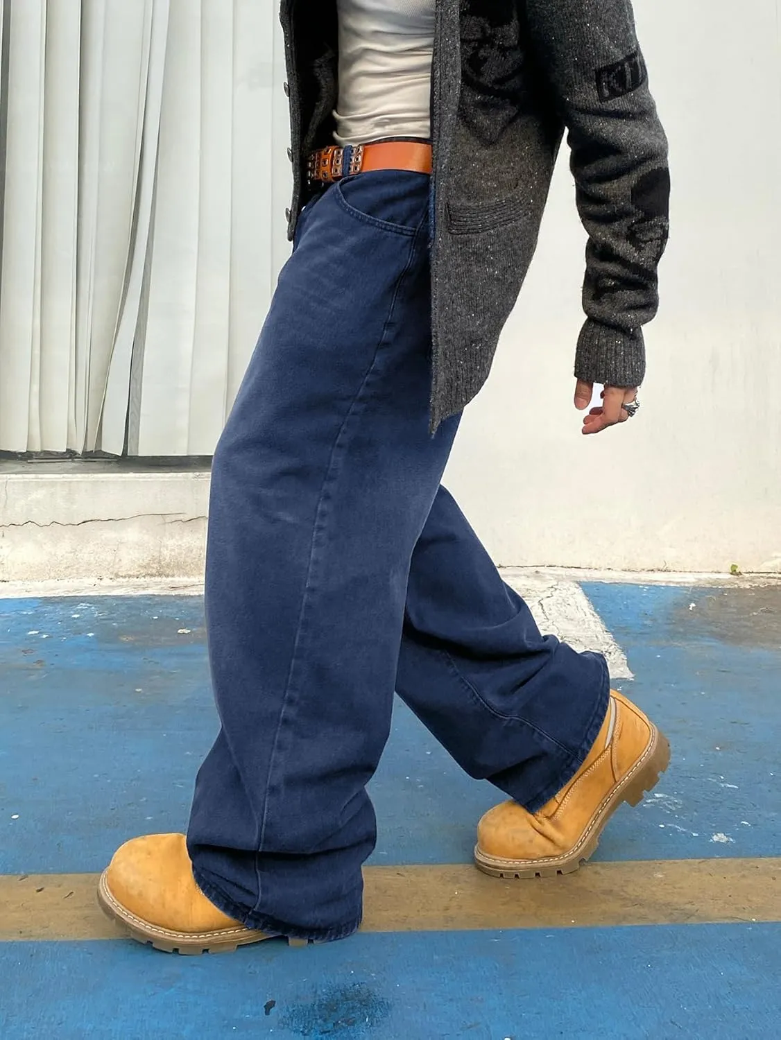 Men's Baggy Hip Hop Jeans Wide Leg Skater Denim Pants Casual Loose Fit Long Trousers Streetwear