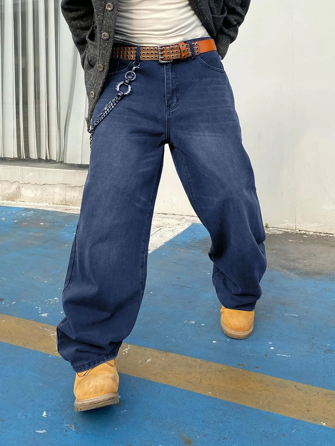 Men's Baggy Hip Hop Jeans Wide Leg Skater Denim Pants Casual Loose Fit Long Trousers Streetwear