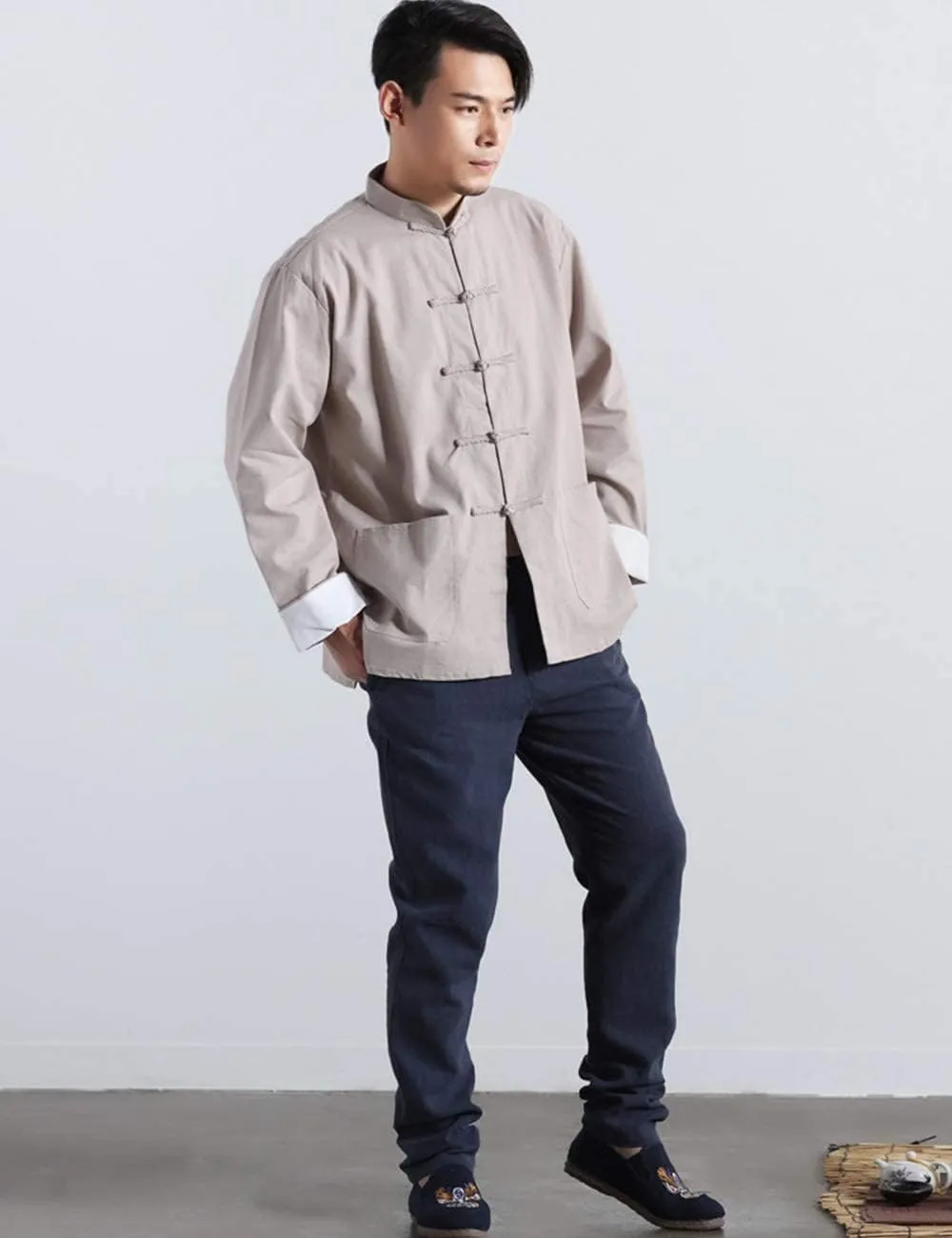Men's Cotton Linen Kung Fu Shirt Chinese Traditional Tang Suit Tai Chi Blouse Long Sleeve Jacket Coats