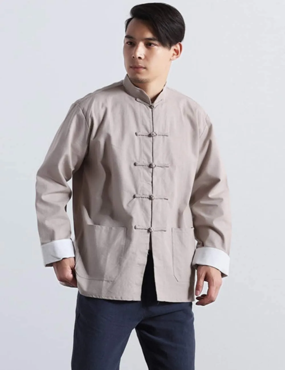 Men's Cotton Linen Kung Fu Shirt Chinese Traditional Tang Suit Tai Chi Blouse Long Sleeve Jacket Coats