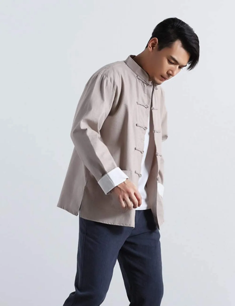 Men's Cotton Linen Kung Fu Shirt Chinese Traditional Tang Suit Tai Chi Blouse Long Sleeve Jacket Coats