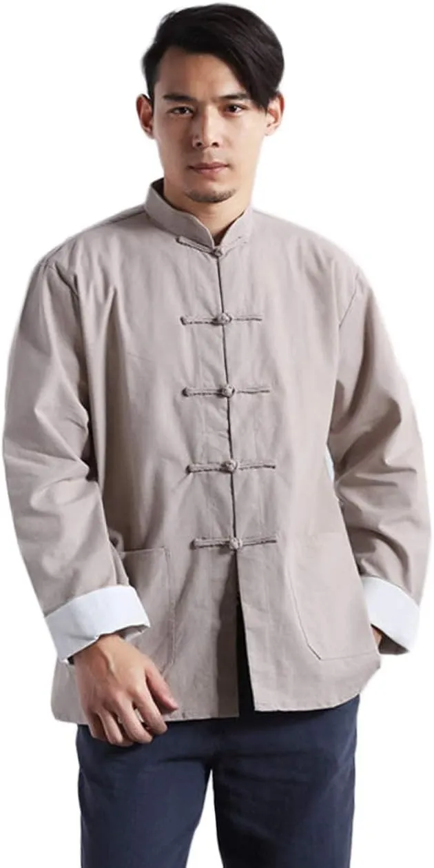 Men's Cotton Linen Kung Fu Shirt Chinese Traditional Tang Suit Tai Chi Blouse Long Sleeve Jacket Coats