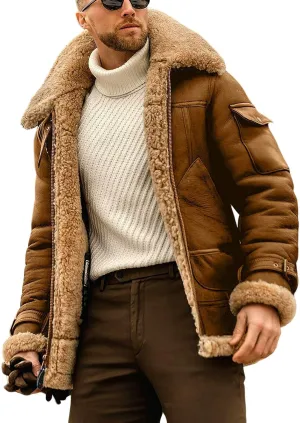 Mens Faux Fur Bomber Jacket Sherpa Lined Fleece Shearling Coat Lapel Motorcycle Cargo Trucker Aviator Outwear