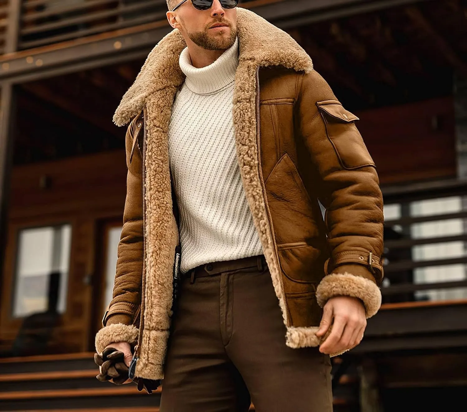 Mens Faux Fur Bomber Jacket Sherpa Lined Fleece Shearling Coat Lapel Motorcycle Cargo Trucker Aviator Outwear