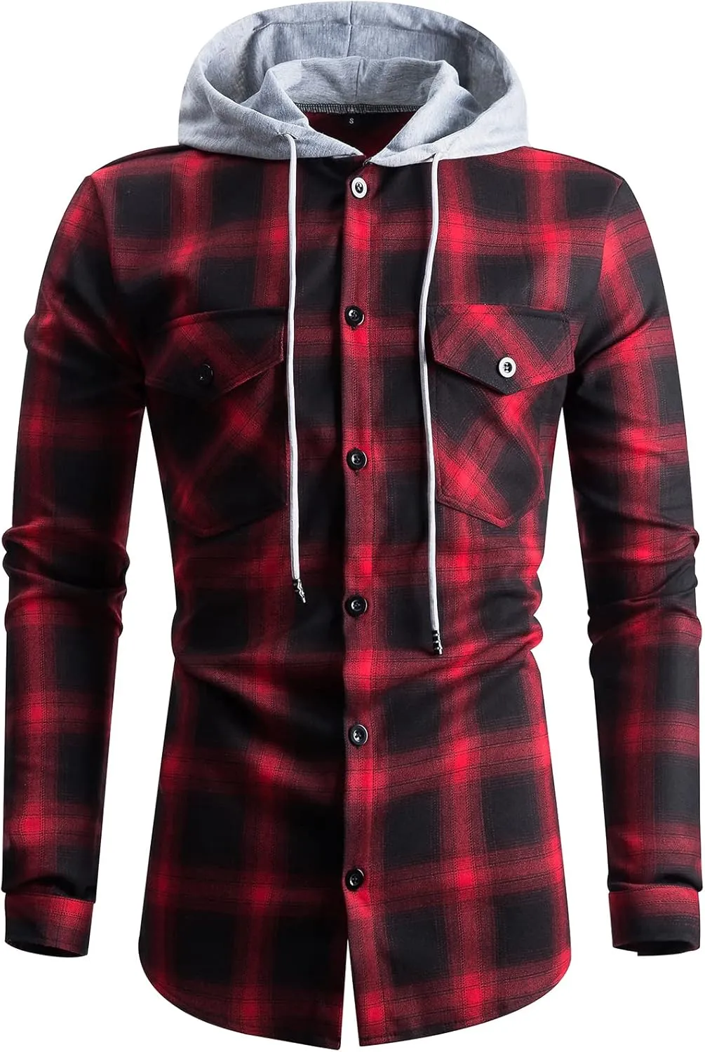 Men's Flannel Long Sleeve Shirt Casual Hooded Plaid Button Down Shirts Regular Fit Mens Hoodie Shirt