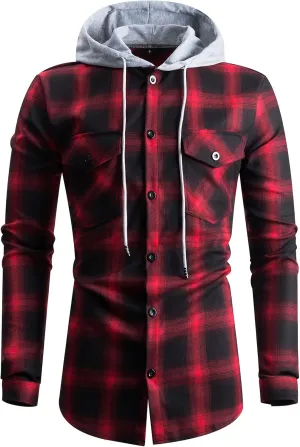 Men's Flannel Long Sleeve Shirt Casual Hooded Plaid Button Down Shirts Regular Fit Mens Hoodie Shirt