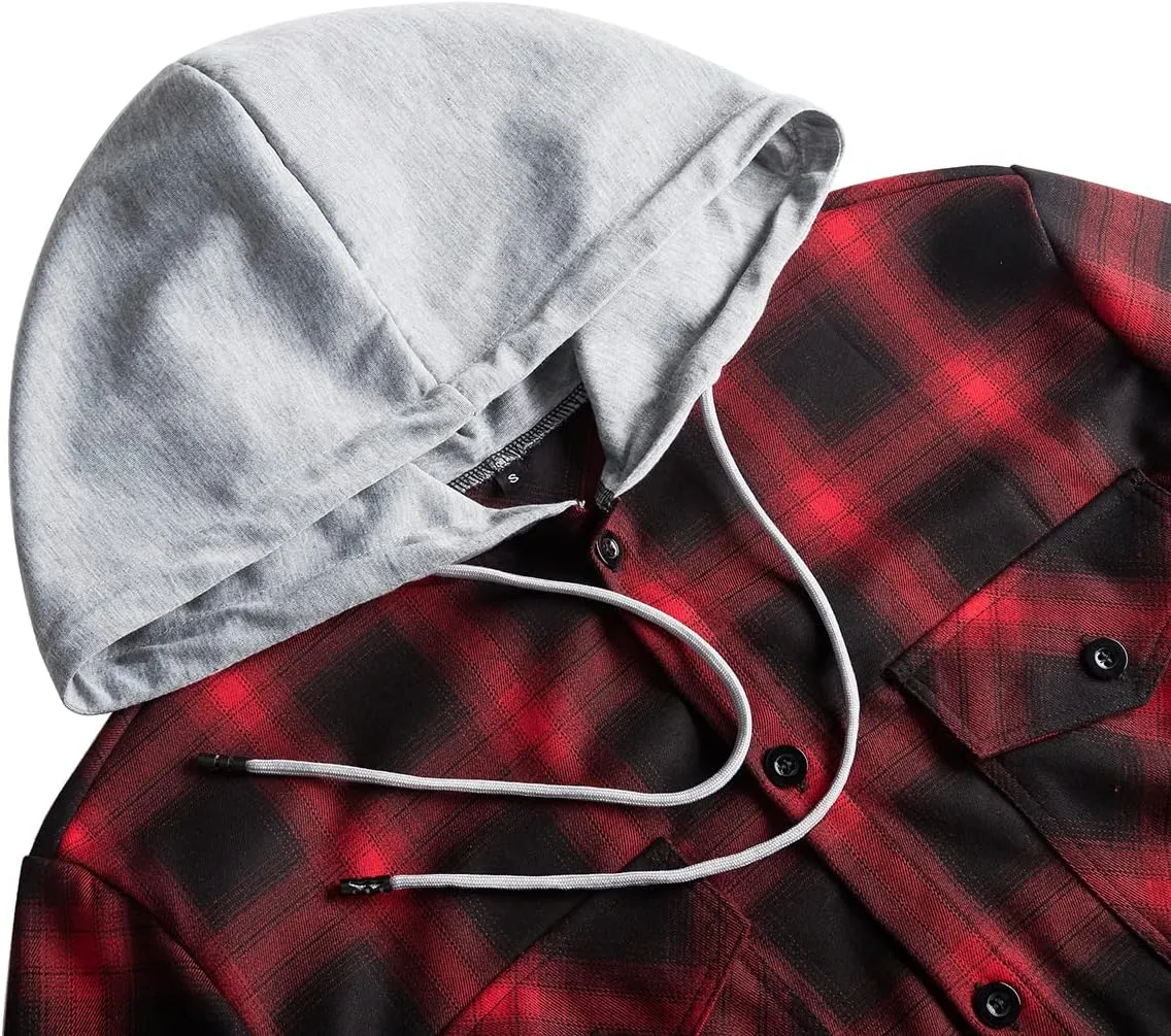 Men's Flannel Long Sleeve Shirt Casual Hooded Plaid Button Down Shirts Regular Fit Mens Hoodie Shirt