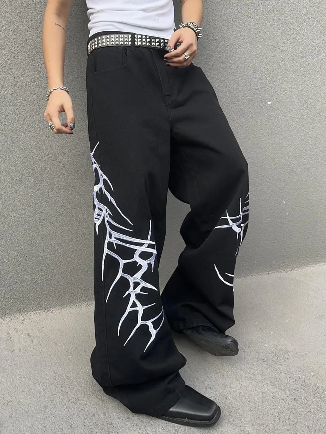 Men's Hip-hop Embroidered Baggy Jeans Loose Fit Denim Black Trousers
