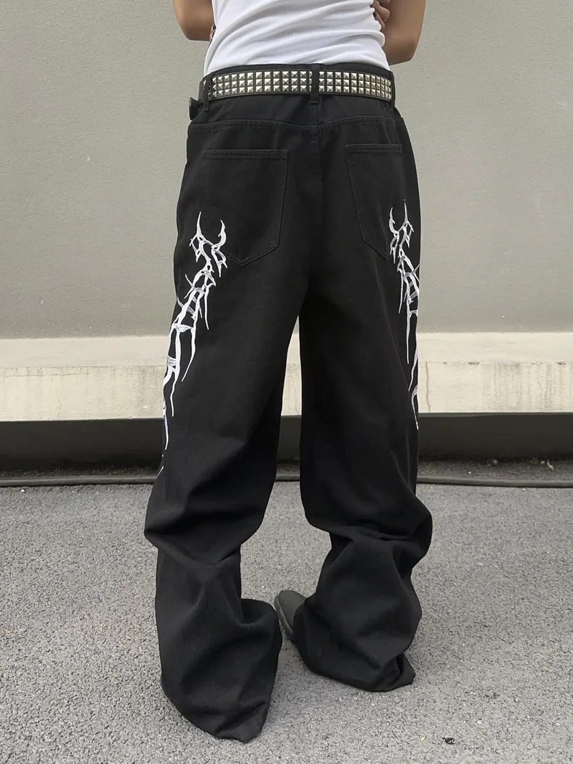 Men's Hip-hop Embroidered Baggy Jeans Loose Fit Denim Black Trousers