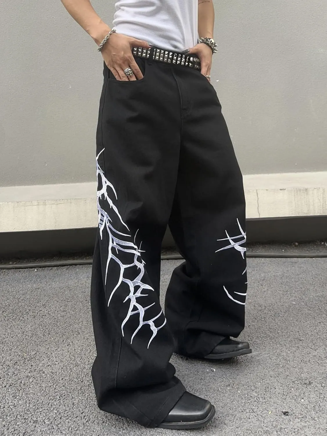 Men's Hip-hop Embroidered Baggy Jeans Loose Fit Denim Black Trousers