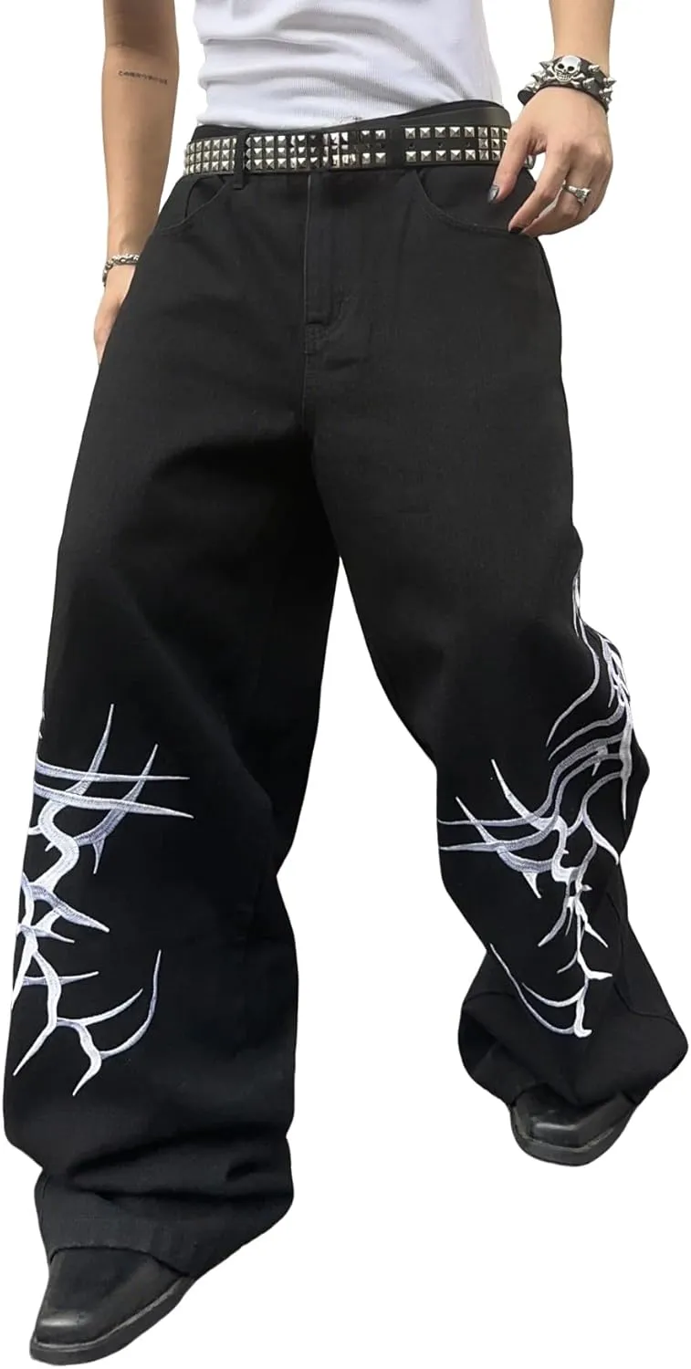 Men's Hip-hop Embroidered Baggy Jeans Loose Fit Denim Black Trousers