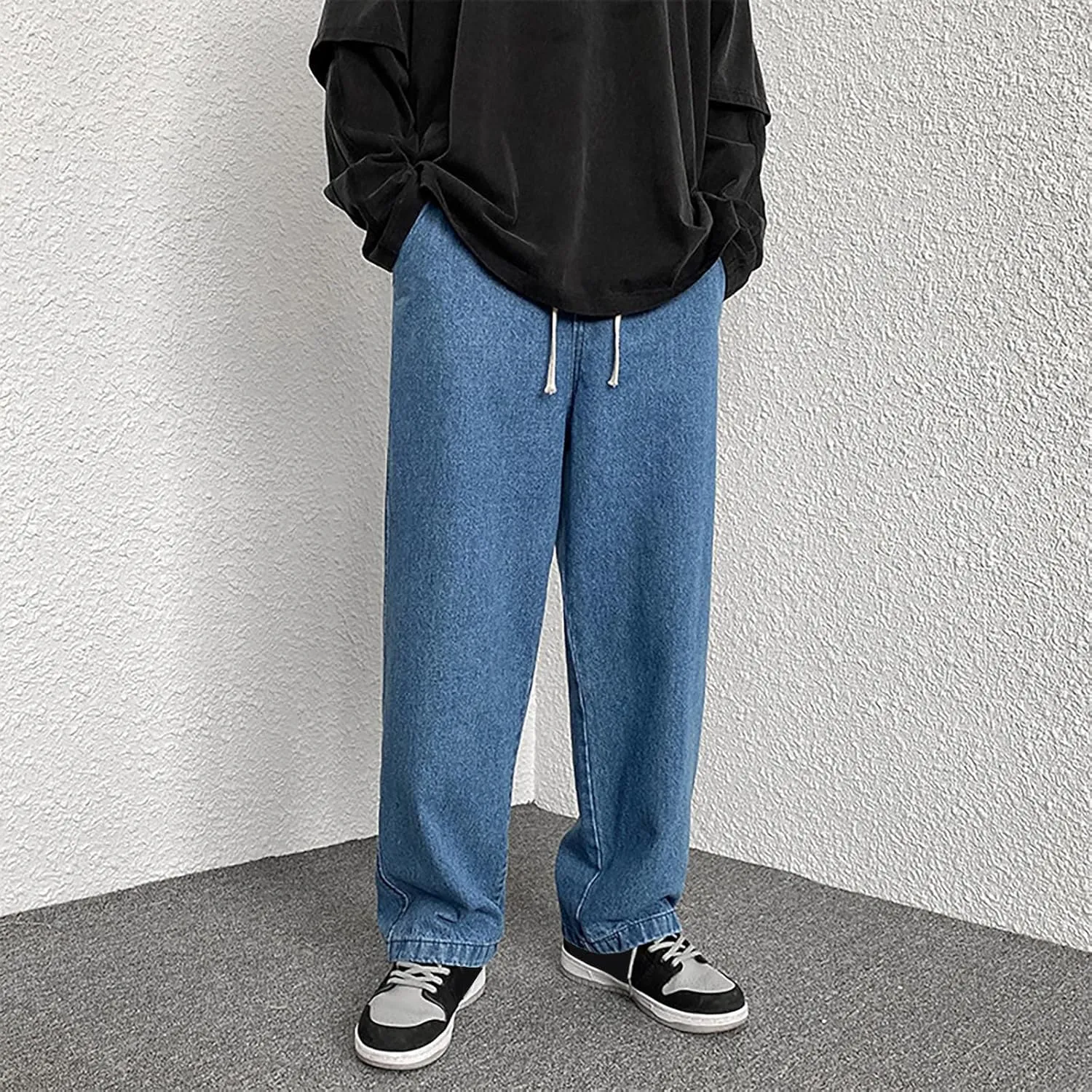 Men's Hip Hop Jeans Loose Fit Streetwear Daily Wide Leg Denim Pants Y2k Baggy Jean Straight Leg Elastic Waist Jean