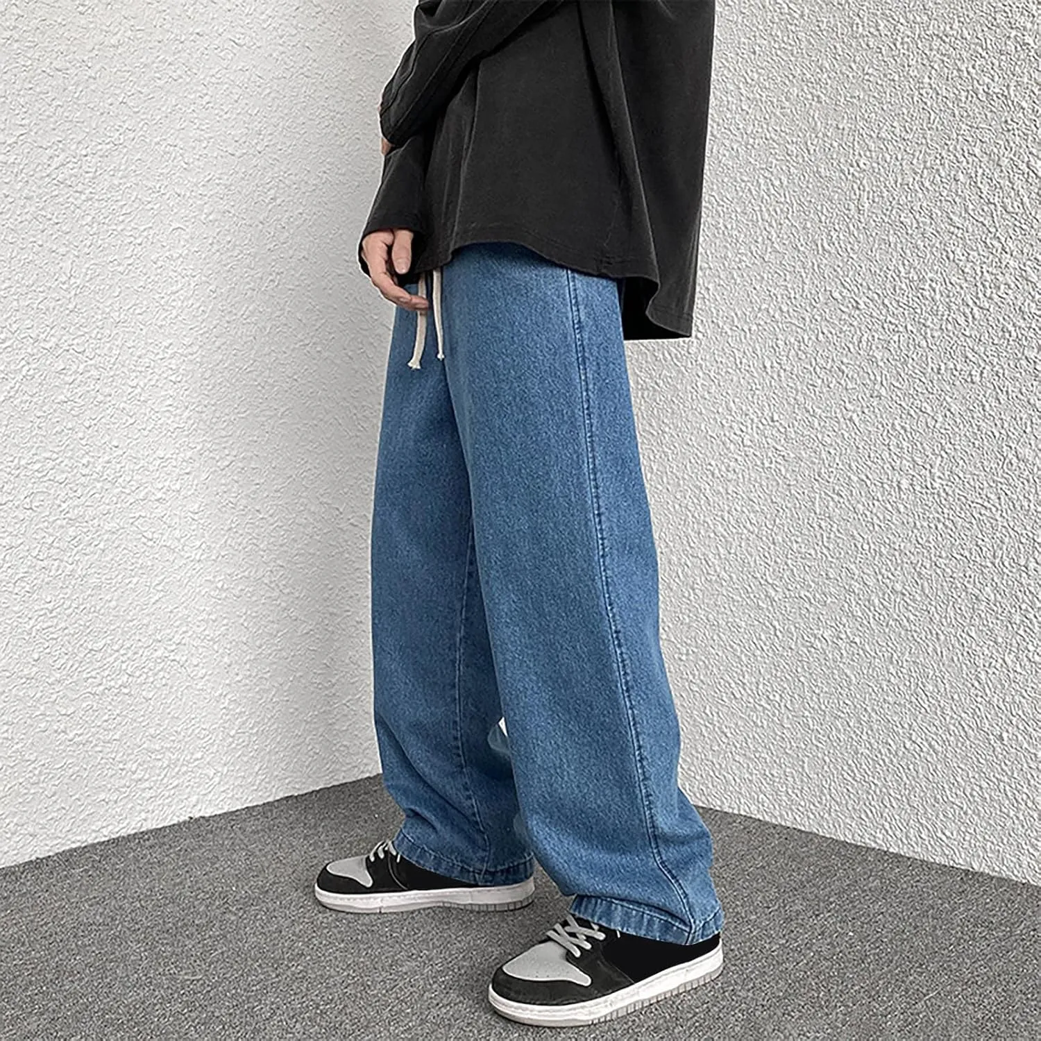 Men's Hip Hop Jeans Loose Fit Streetwear Daily Wide Leg Denim Pants Y2k Baggy Jean Straight Leg Elastic Waist Jean