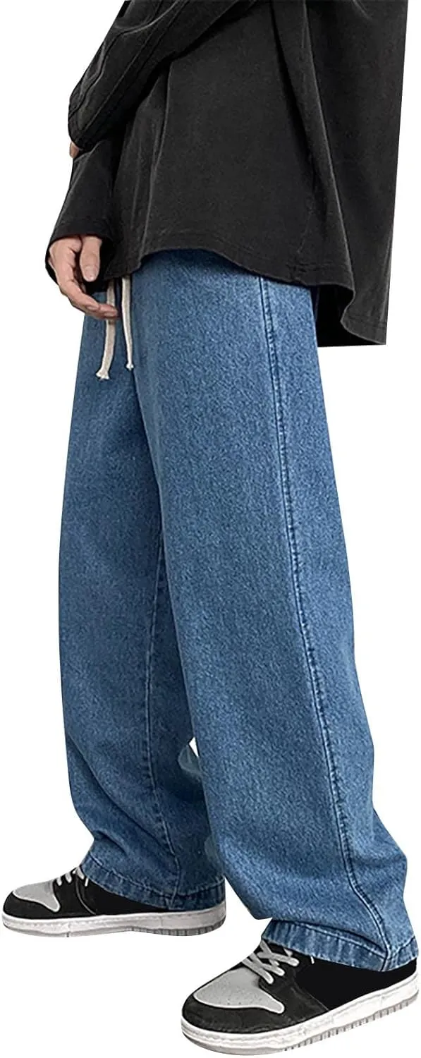 Men's Hip Hop Jeans Loose Fit Streetwear Daily Wide Leg Denim Pants Y2k Baggy Jean Straight Leg Elastic Waist Jean
