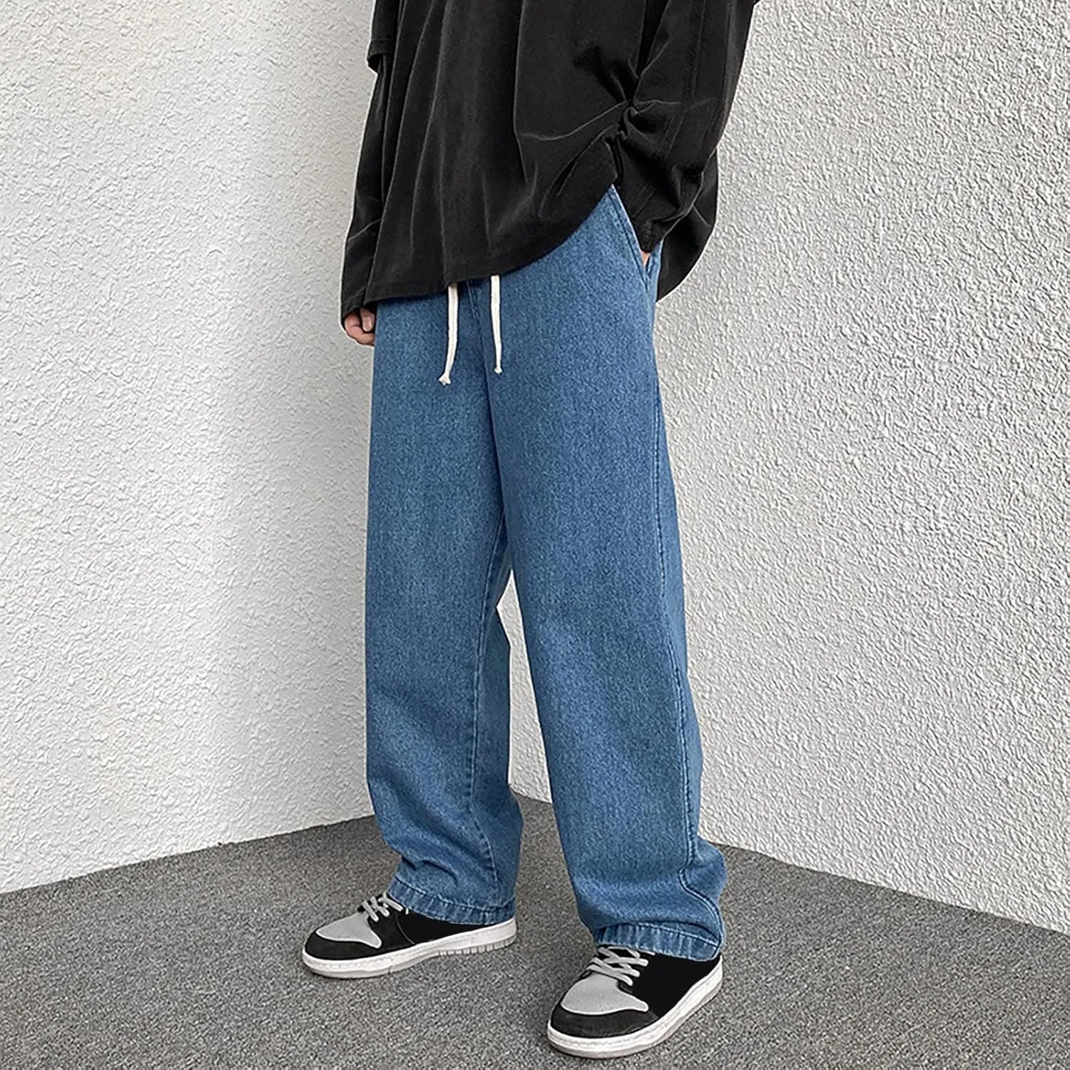 Men's Hip Hop Jeans Loose Fit Streetwear Daily Wide Leg Denim Pants Y2k Baggy Jean Straight Leg Elastic Waist Jean