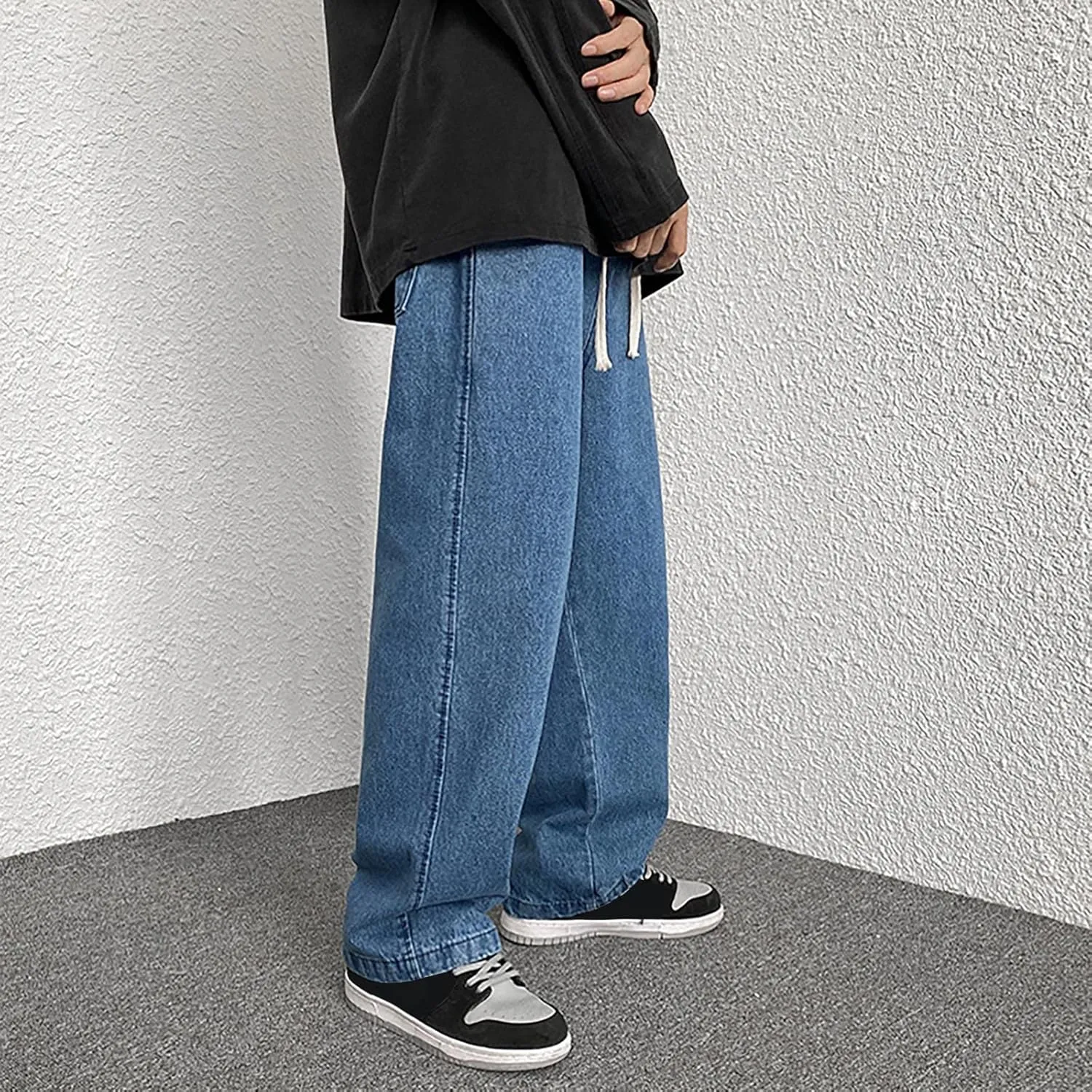 Men's Hip Hop Jeans Loose Fit Streetwear Daily Wide Leg Denim Pants Y2k Baggy Jean Straight Leg Elastic Waist Jean