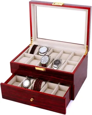 Mens Jewellery Box Watch Case Watch Roll Watch Winder Wood 20 Slots Watch Box Organizer Bracelet Display Holder Metal Hinge Clear Top Lockable Storage Case Watch Box Watch Organizer, 29 * 20.5 * 9cm,