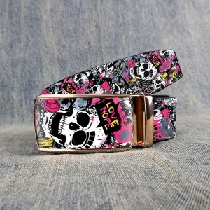Men's Love Skull Print Leather Belt w/ Automatic Buckle