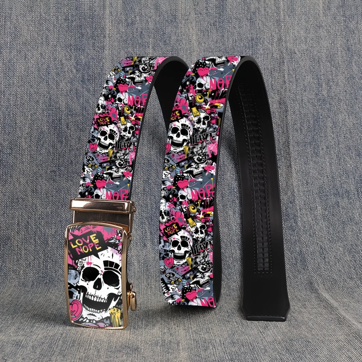 Men's Love Skull Print Leather Belt w/ Automatic Buckle