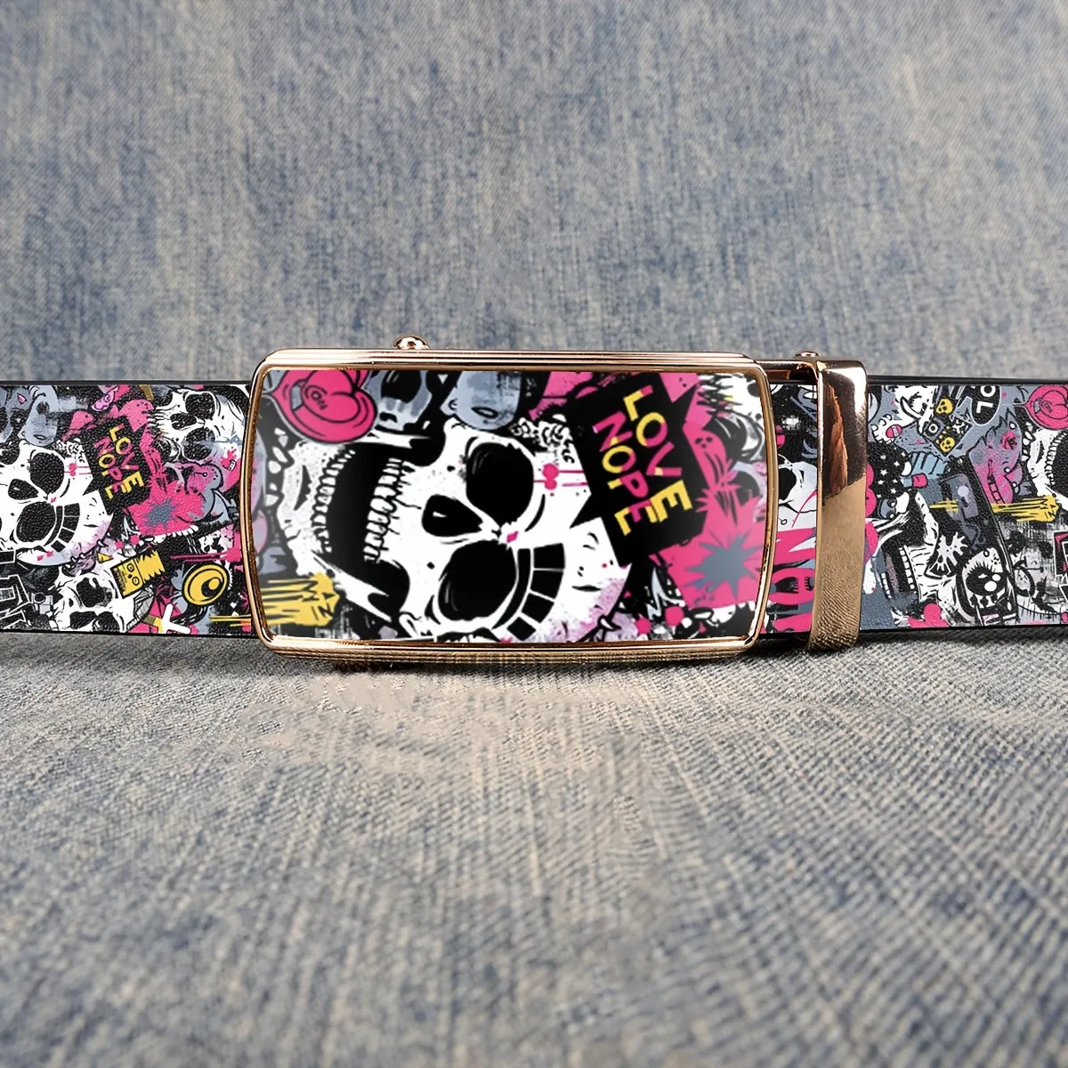 Men's Love Skull Print Leather Belt w/ Automatic Buckle